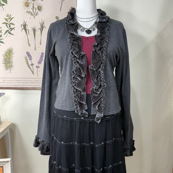 Y2k Velvet Ruffle Cardigan Sweater Gloomy Coquette Whimsigoth Romantic Goth L - Picture 2 of 9